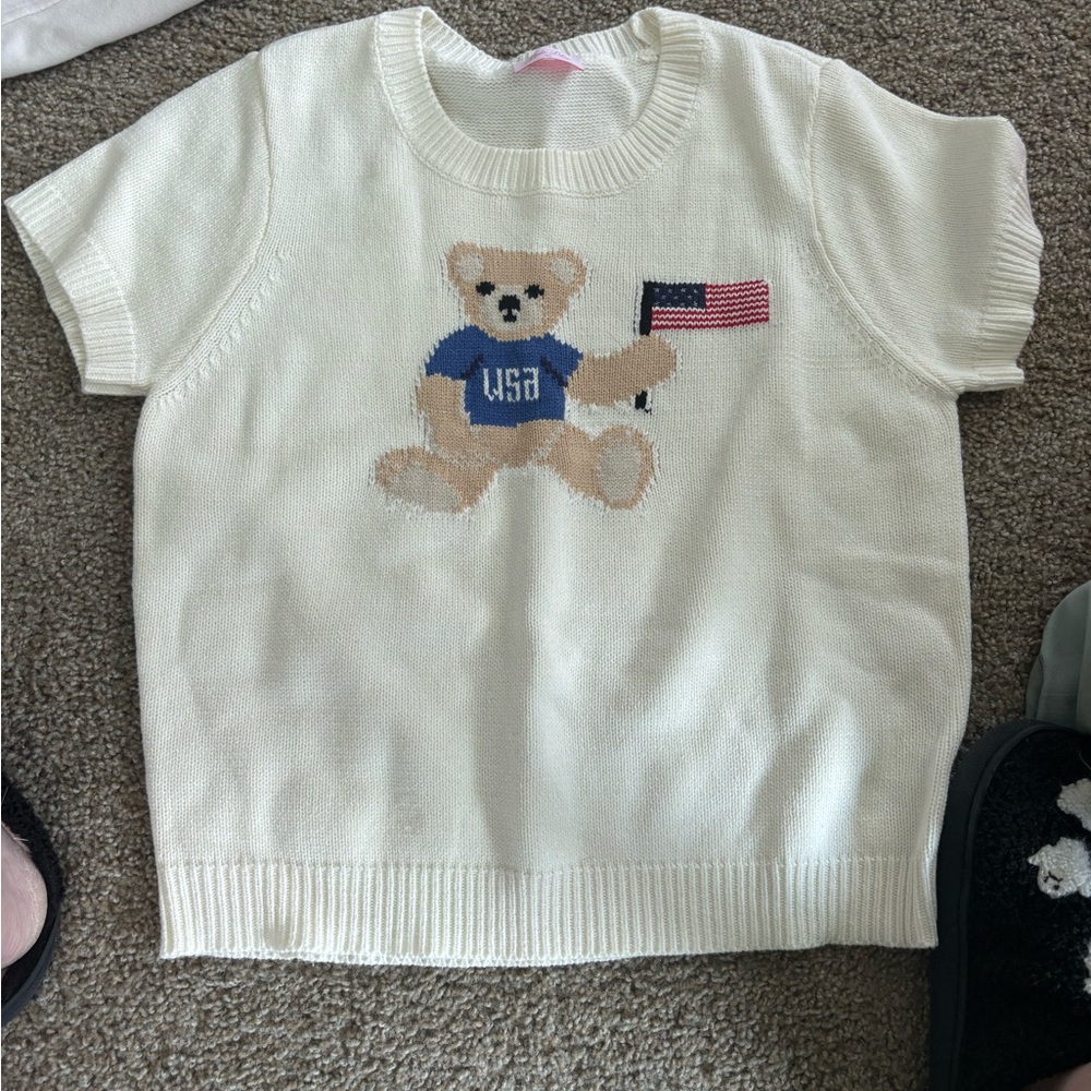 Pink Lily Cream Teddy Bear USA Flag Short Sleeve Sweater